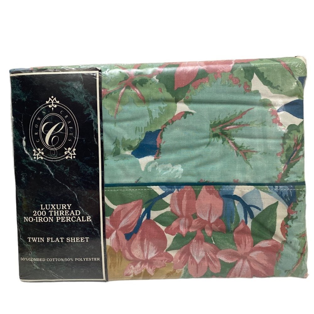 CROWN CRAFTS Twin Flat Sheet New Vintage Victorian Floral Cotton/Polyester Luxur